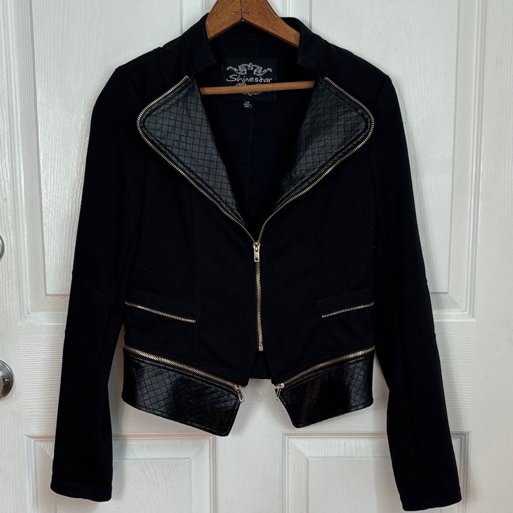 SHINESTAR black moto style short zip up jacket size Large faux leather accents